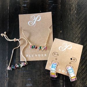 Necklace, bracelet, and earrings.